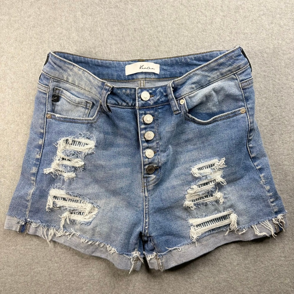 KanCan Denim Shorts Womens 7/27 Blue Excellent Distressed High Rise Button Fly